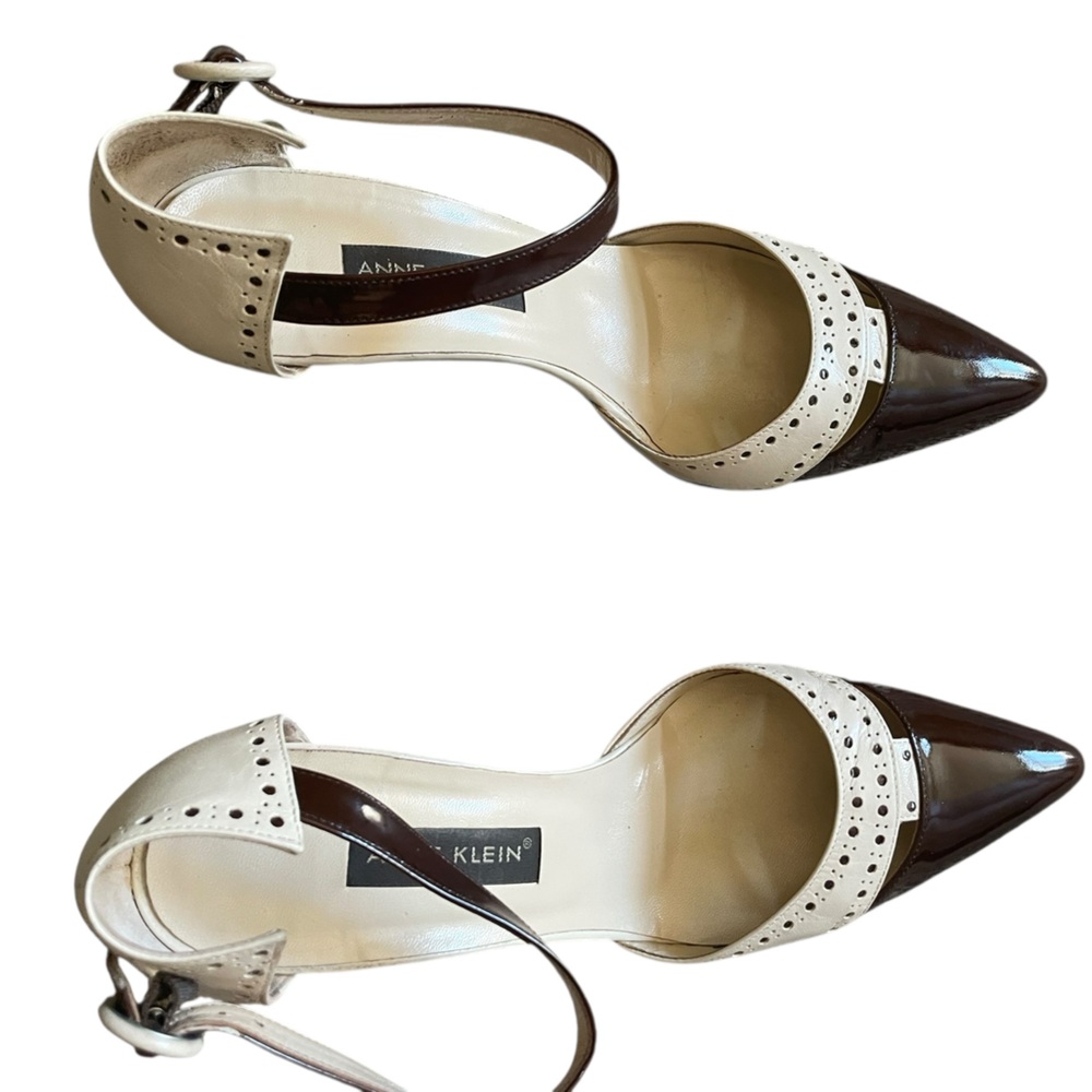 Anne Klein Genuine Leather Brown & Cream Pointed Spectator Ankle-Strap Pumps 8.5 - Picture 7 of 16